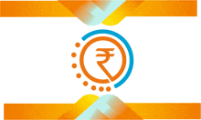 a blue and orange circle with a rupee sign in it