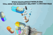 an advertisement for usapharmacyworld.com shows pills coming out of a bottle of money