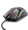 a black gaming mouse with a rainbow light on it is on a white background .