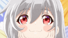 a girl with gray hair and red eyes is making a funny face