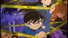 a group of anime characters are surrounded by yellow tape that says " keep out "