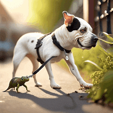 a small lizard is walking next to a dog on a leash with a tag that says ' g ' on it