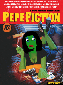 a poster for pepe fiction features a pixelated green woman smoking a cigarette and holding a gun