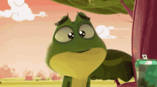 a cartoon frog with a can of soda in front of it