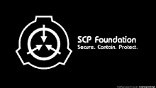 the scp foundation logo is white on a black background and says `` secure . contain . protect . ''