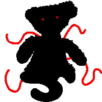 a black teddy bear with red eyes and red ribbons around it