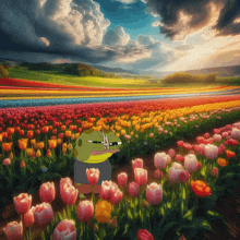 a frog is standing in a field of flowers holding a pair of scissors