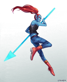 a drawing of a woman holding a blue arrow with the name foxvalpine written below it