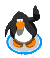 a black and white penguin is standing on a blue circle on a white background