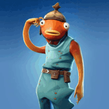 a fish in overalls and a hat is standing on a blue surface .