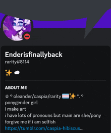 enderisfinallyback has a purple background and a purple speech bubble