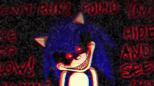 a cartoon of a sonic the hedgehog with red eyes and teeth on a dark background .