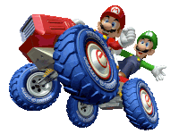 mario and luigi are riding a vehicle that says mario & luigi on the tires