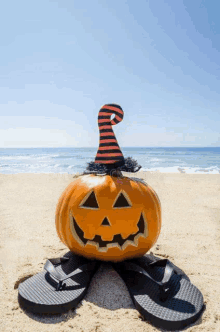 a halloween pumpkin wearing a witch hat and flip flops is on the beach .