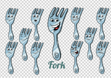 a bunch of forks with different faces and the word fork