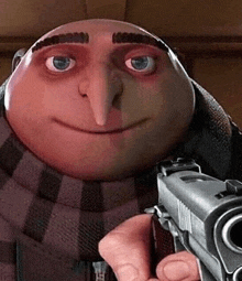 gru from despicable me is holding a gun in his hand and smiling .