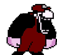 a pixel art drawing of a gorilla wearing overalls and a hat