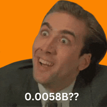 a man in a suit and tie says 0.0058b on a orange background