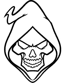 a black and white drawing of a grim reaper with a hood on his head