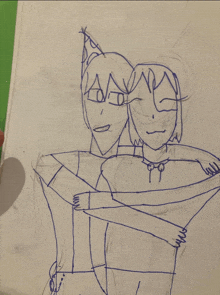 a drawing of two people hugging with one wearing a birthday hat