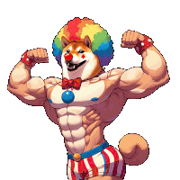 a cartoon drawing of a dog dressed as a clown flexing his muscles