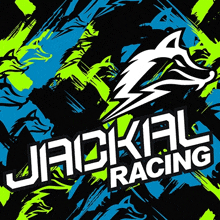 a logo for jadkal racing with a shark on a blue and green background