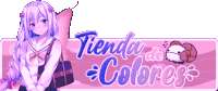 a girl with purple hair is sitting in front of a pink sign that says tienda de colores