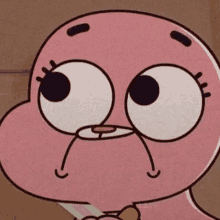 gumball from the amazing world of gumball is a pink cartoon character with a knife in her mouth .