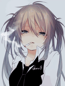 a drawing of a girl smoking a cigarette with kuroi written on the bottom right