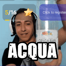 a man wearing headphones holds up a bottle of acqua water