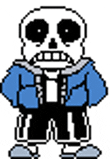 a pixel art drawing of a skeleton wearing a blue jacket and pants .