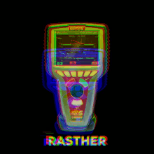 a colorful device with the word rasther written below it