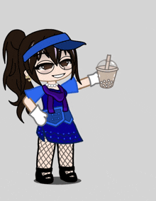 a girl wearing a blue hat is holding a cup of tea