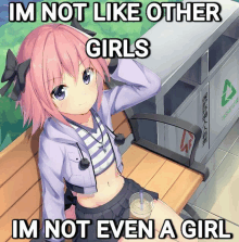 a girl with pink hair is sitting on a bench with the words im not like other girls im not even a girl