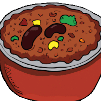 a cartoon drawing of a bowl of chili with beans