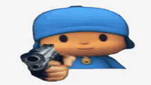 a cartoon character with a blue hat is holding a gun