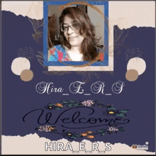 a welcome sign with a picture of a woman and flowers