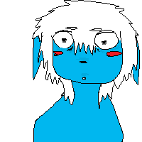 a pixel art drawing of a blue monster with white hair and red cheeks