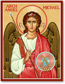 a religious icon of arch angel michael holding a wand and shield