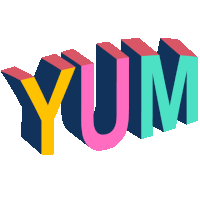 the word yum is displayed in a colorful font