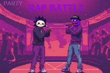 a pixel art of a rap battle between two cartoon characters