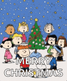 a group of peanuts characters singing merry christmas while standing around a christmas tree