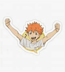 a sticker of a boy with his arms outstretched and his fist in the air .