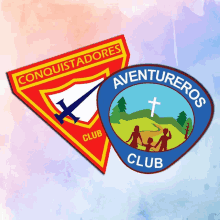 two badges one of which says conquistadores club and the other says aventureros club