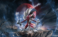 a red and white pokemon is standing on a rock with its mouth open