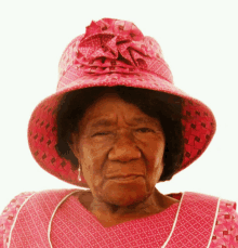 a woman wearing a pink hat and a pink dress looks at the camera