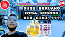 a man is standing in front of a store with the words susu beruang bisa kosong kek gini on the bottom