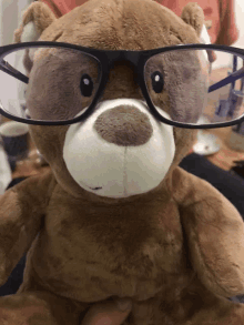 a brown teddy bear wearing glasses is being held by a person