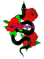 a drawing of a black snake with red roses and the word devil thorne