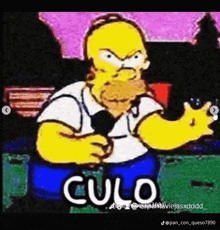 a cartoon of homer simpson holding a microphone and saying culo